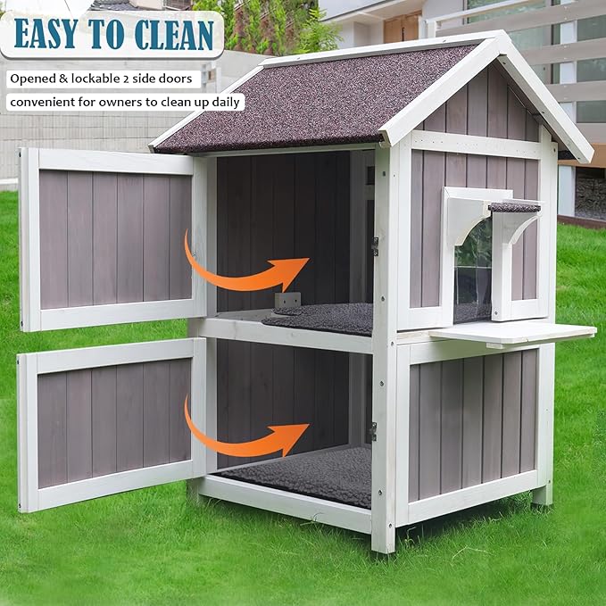 Rockever Outdoor Cat House, Large Outdoor Houses for Feral Cats with Self-Warming Mat Wooden Outside Cat Shelter Weatherproof with Escape Door