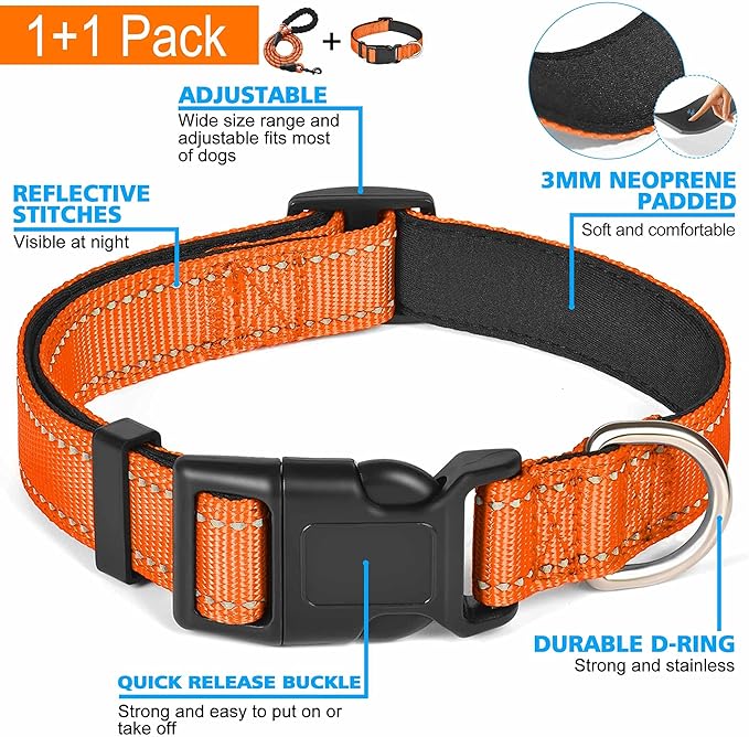 Reflective Dog Collar Padded with Soft Neoprene Breathable Adjustable Nylon Dog Collars for Small Medium Large Dogs (Small (Pack of 1), Orange Collar+Leash)