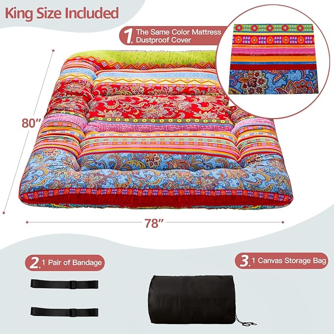MAXYOYO Bohemian Retro Floor Mattress Vintage Floral Japanese Futon Mattress Roll Up Sleeping Bed King Portable Camping Mattress Floor Lounger Couch Bed Mattress Pad, King