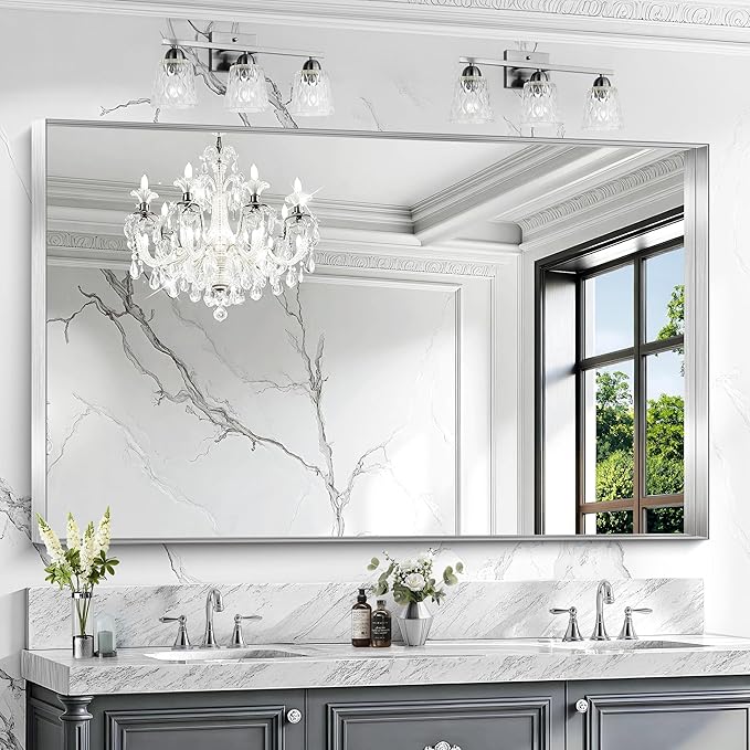 CIRCUMI Silver Bathroom Mirror, Brushed Finish, Tempered Glass, Large Mirror
