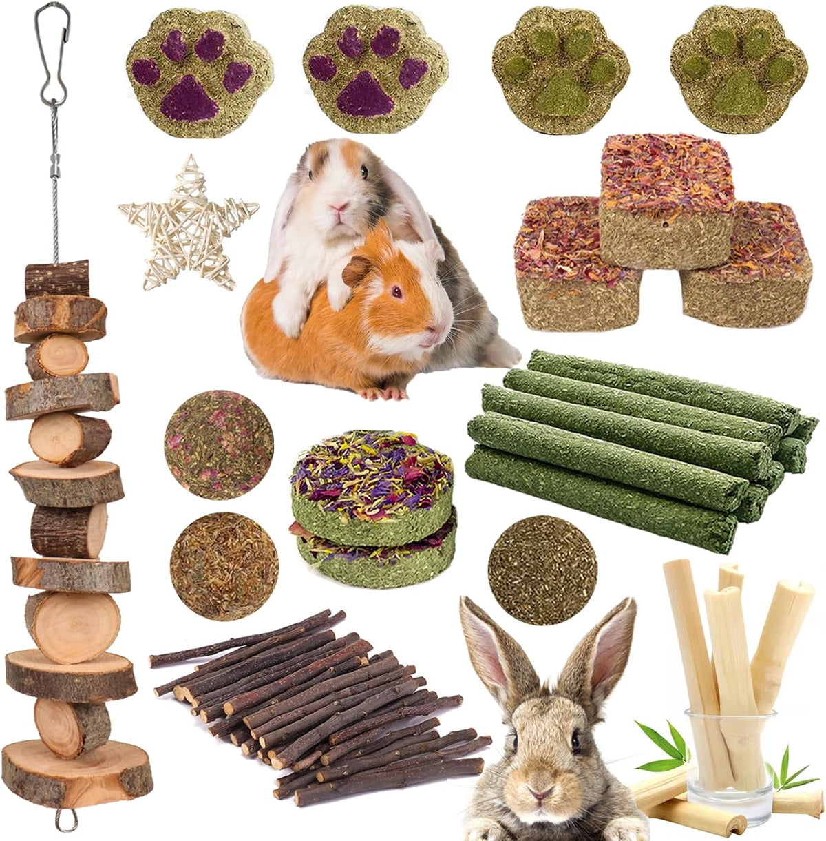 Grddaef Rabbit Toys, Guinea Pig Toys 25 Pcs Natural Timothy Hay Bunny Chews and Treats for Hamster Chinchilla Gerbil