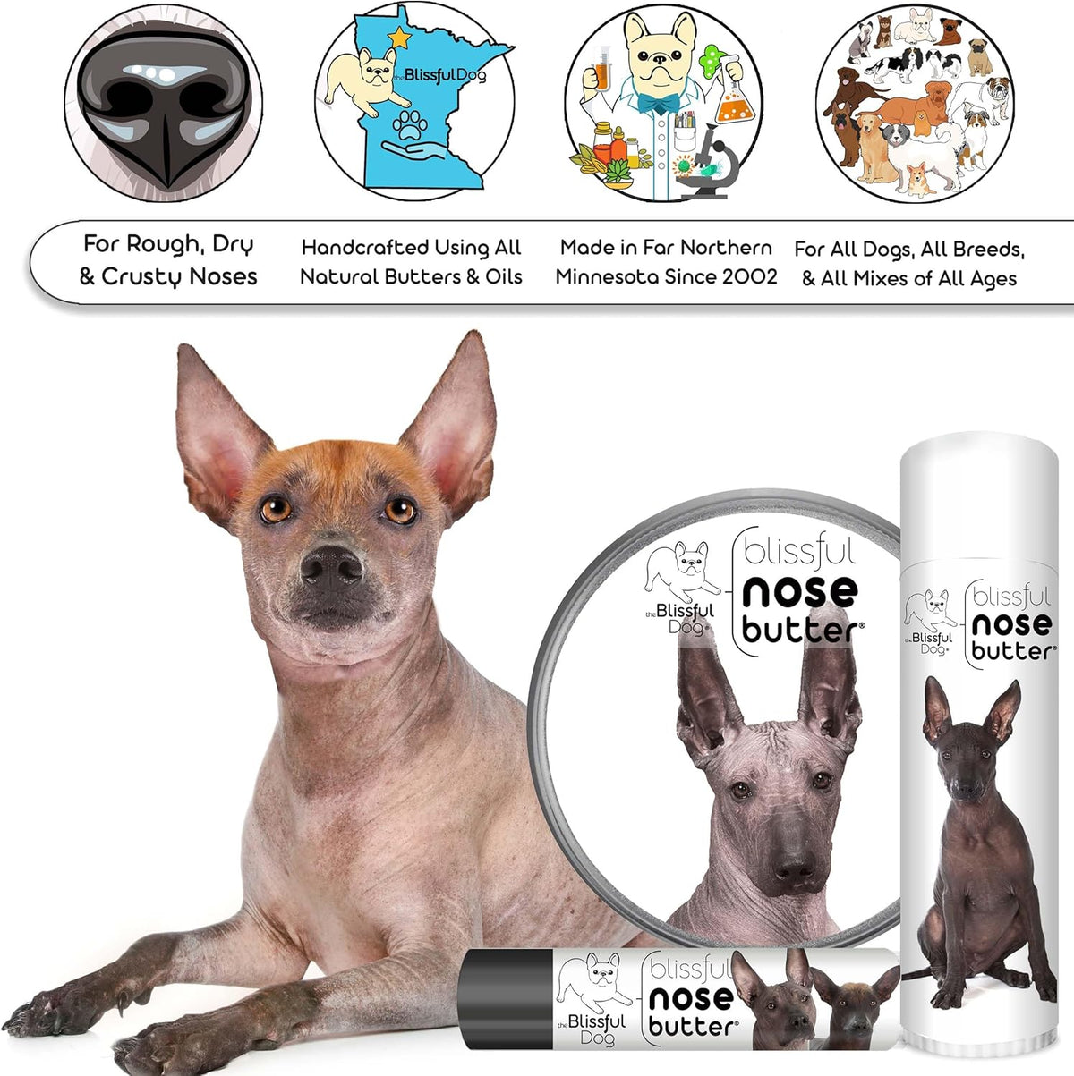 The Blissful Dog Xoloitzcuintli Nose Butter for Dry, Cracked Skin, Lick-Safe Dog Nose Balm with Moisturizing Shea Butter, Almond, Olive, and Essential Oils, Pet Supplies, Uncented, 0.50 oz.