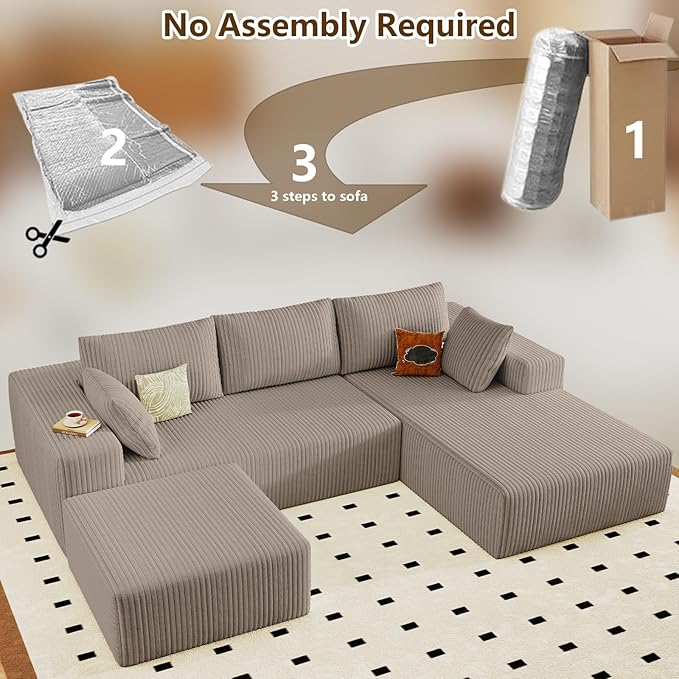 96" U-Shape Cloud Couch, Modern Modular Sectional L-Shape Sofa with Ottoman, Corduroy Upholstered Couches Deep Seat Chaise Longue for Living Room, No Assembly Required(Camel, Right Facing)