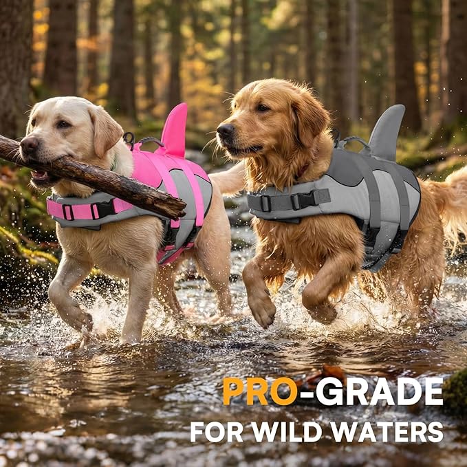 Dog Life Jacket Ripstop Shark Dog Safety Vest Adjustable Preserver with High Buoyancy and Durable Rescue Handle for Small,Medium,Large Dogs, Grey Shark XX-Large