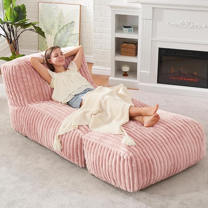 Hobestluk Big Bean Bag Lounger Chairs Large Beanbag Chair for Adults Bean Bag Sofa with Memory Foam Filled for Living Room, Bedroom or Balcony (Stripe Pink)