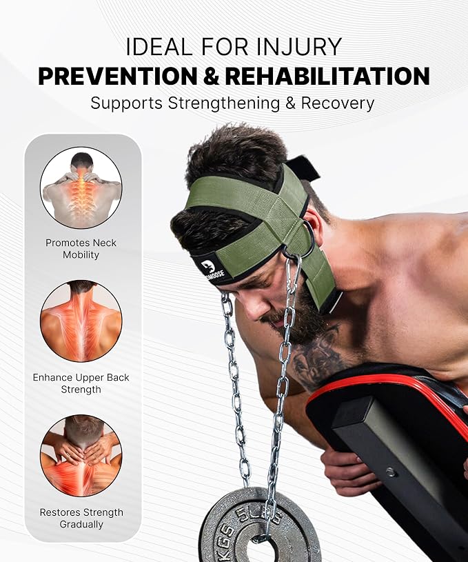 DMoose Fitness Neck Harness for Weight Lifting - Soft Padded Head & Chin Strap with 30" Heavy Duty Steel Chain - Neck Exerciser, Trainer & Strengthener to Support Injury Recovery and Intense Workouts