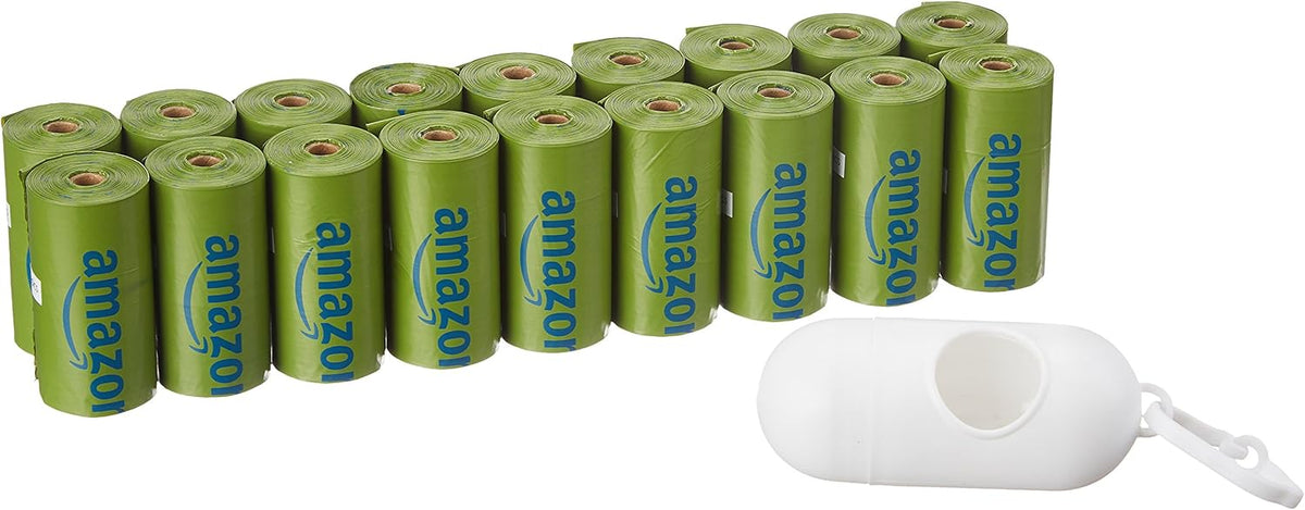 Amazon Basics Dog Poop Bags with Dispenser, 270 Count, Enhanced for Guaranteed Leakproof, Talcum Powder Scented, Includes Leash Clip