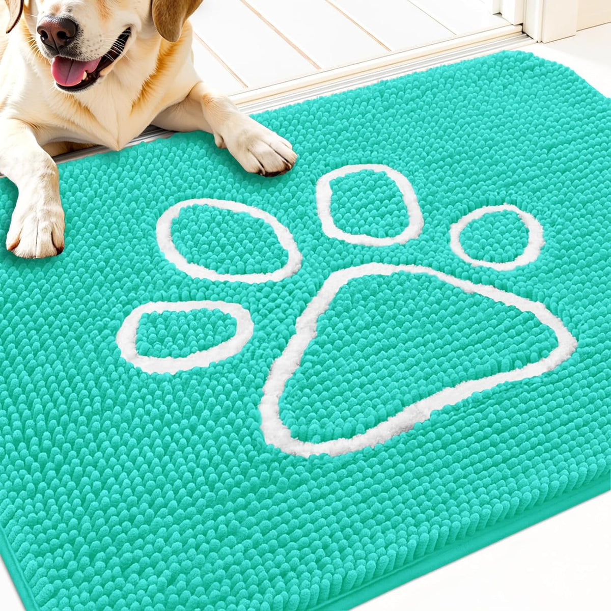 OLANLY Door Mat for Muddy Dog Paws 30x20, Ultra Absorbent Chenille Mud Doormat with Paw Print Design, Non-Slip Washable Doormat for Indoor Entryway, Quick-Dry Pet Bed Mats for Dirty Dogs, Teal