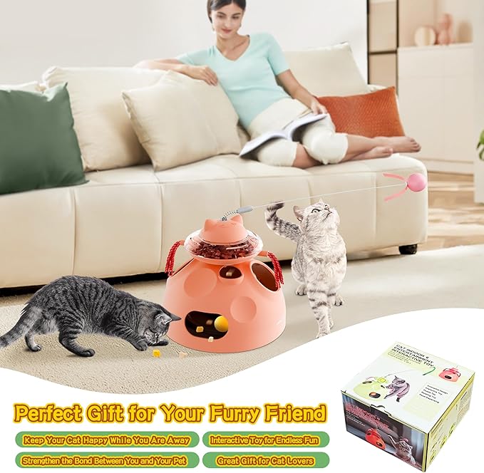 4-in-1 Cat Toys, Interactive Cat Toy with Track Balls, Fluttering Feathers, Slow Food Dispenser, Fun & Engaging Toys for Bored Indoor Cats, Durable & Safe Interactive (Pink)