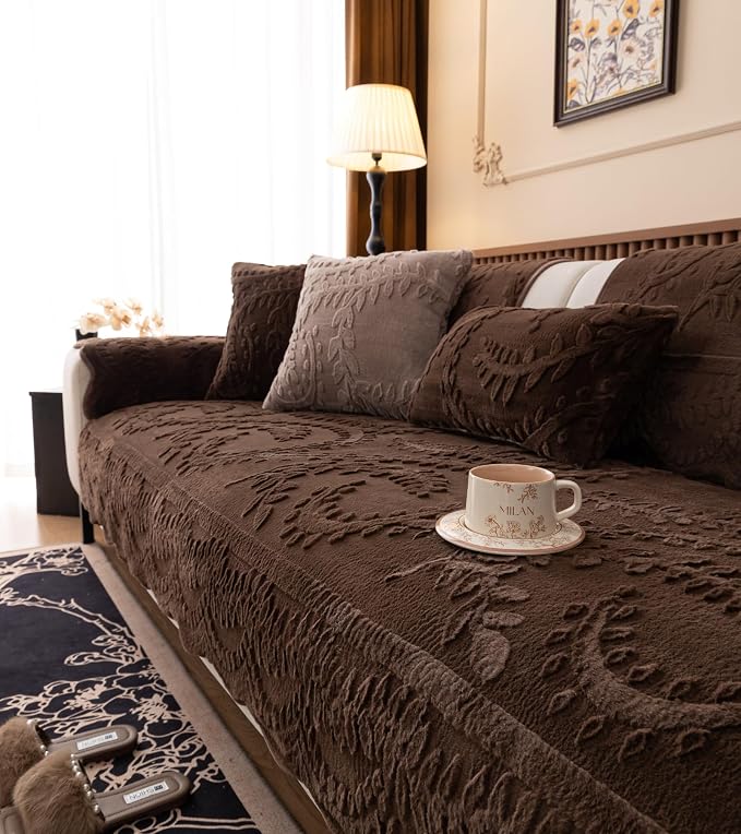 Fuzzy Rabbit Plush Sofa Cover Cozy Warm Sofa Couch Covers with 3D Jacquard Leaf Pattern Non-Slip Easy-to-Install Shaggy Sofa Slipcover Prefect for Kids Dogs Cats Cats(Caramel,36"x47")