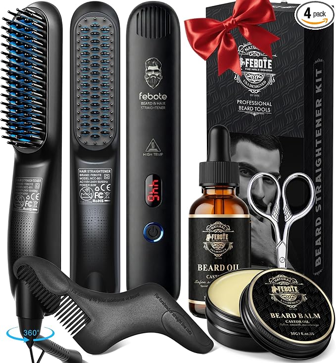 Beard Straightener Kit for Man- Heated Grooming Beard Brush, Beard Balm,Comb,Beard Growth Oil, Value Gift Set for Fathers Day,No-Scald,for Soft,Thick,Curly Beard,Prevent Damage