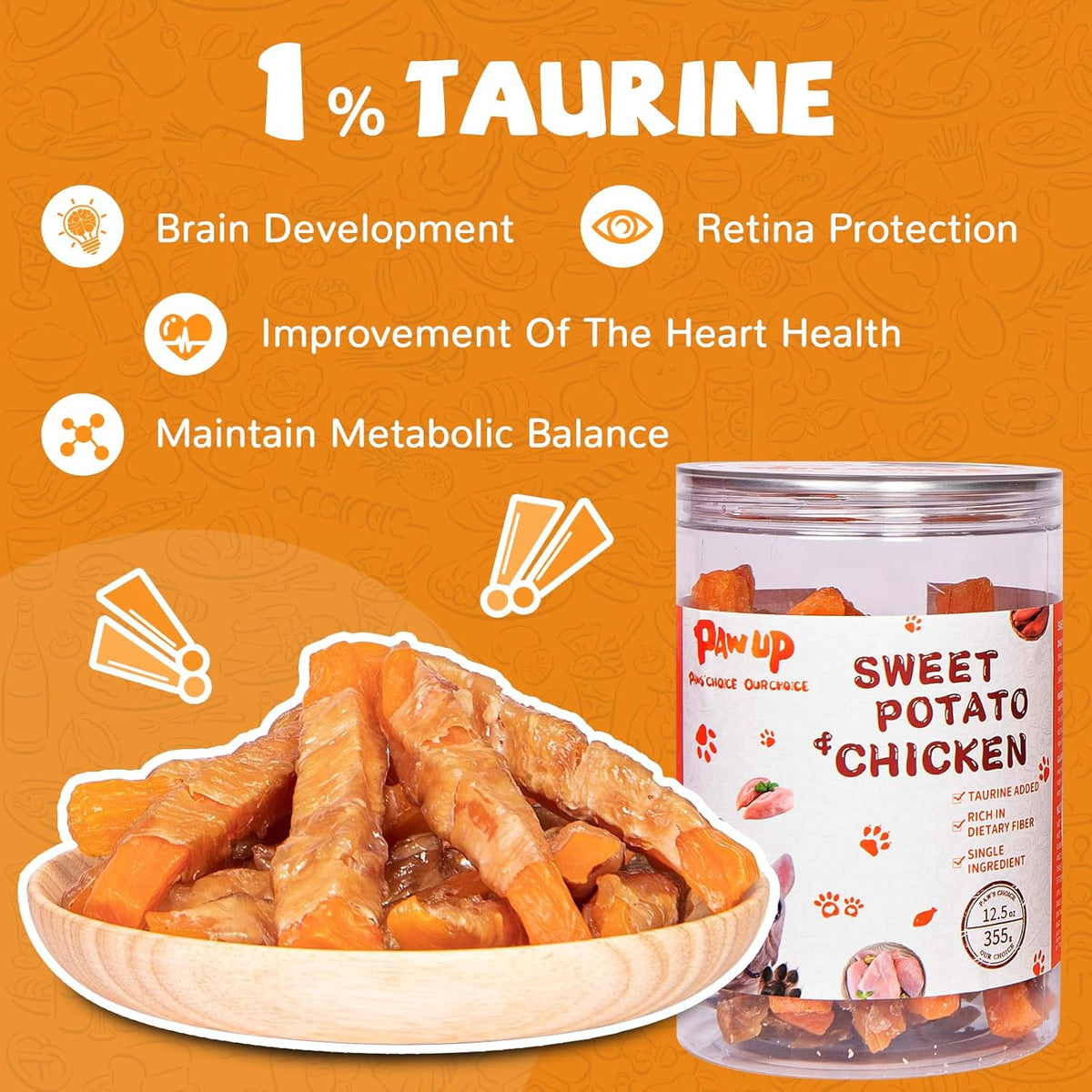 PAWUP Dog Treats Chicken Jerky Wrapped Sweet Potato, Natural Ingredients w/Taurine, Grain Free Dog Treats, 12.5 oz