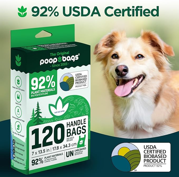 The Original Poop Bags® Tie-Handle Dog Waste Bags, 92% Plant-Based, USDA Certified, Heavy Duty, Large (360 Count (Pack of 3))