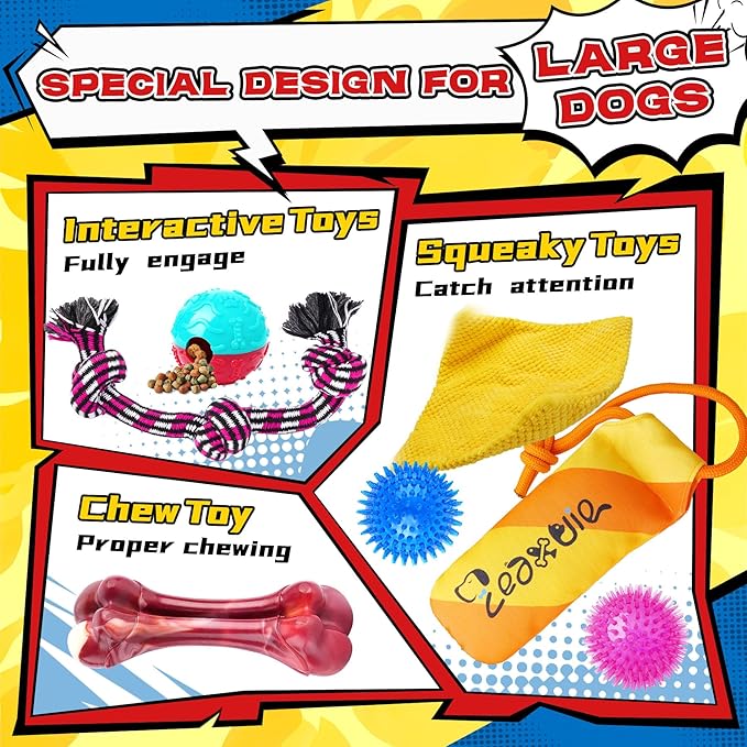 Zeaxuie 12 Pack Heavy Duty Various Dog Chew Toys Pack for Aggressive Chewers - Includes Large Rope Toy, Squeaky Toys & Indestructible Chew Bone for Medium, Large & X-Large Breeds Dogs
