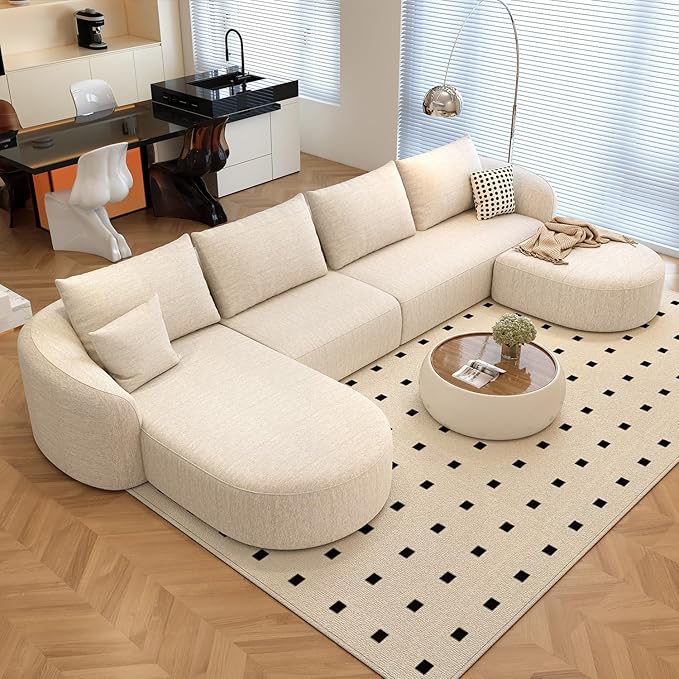 138.6" Modular Sectional Couches Luxury Modern Curved Back U-Shape Sofa Set with Ottoman,Minimalist Comfy Boneless Cloud Couch for Living Room Apartment,(Left Facing Chaise,White)