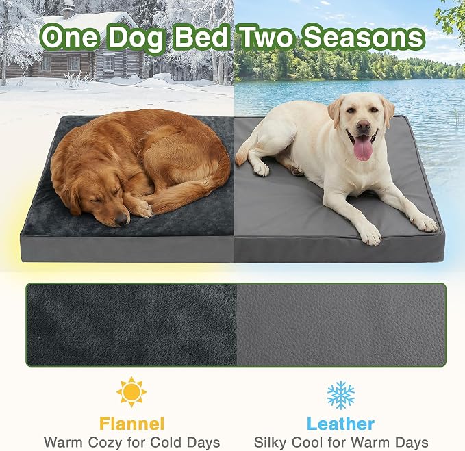 Waterproof XXL Dog Bed, Outdoor Washable Orthopedic Large Crate Pad 48" | Jumbo Pet Bed Foam, Reversible Faux Leather & Flannel, Durable Removable Cover, Anti-Slip Kennel Pad 47"x29" Dark Gray
