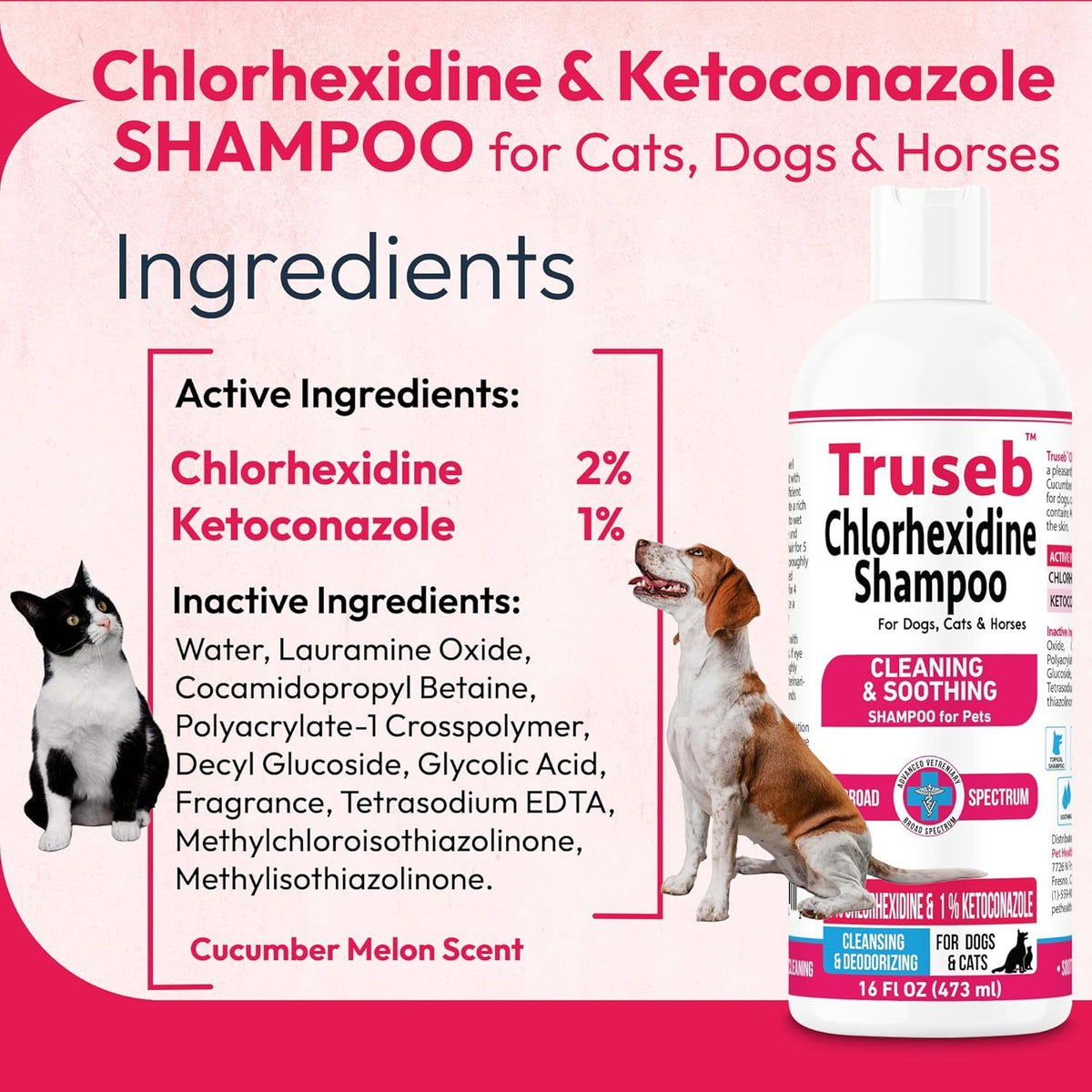 Truseb Topical Ketoconazole and Chlorhexidine Shampoo for Dogs, Cats, and Horses with Aloe - 16 oz (Ketoconazole & Chlorhexidine Shampoo, 16 oz)