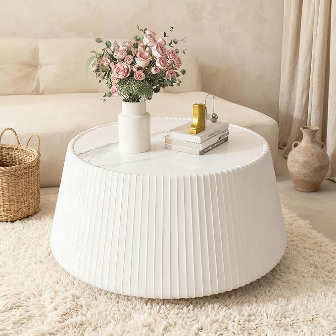Round Coffee Table Set with Sintered Stone Tabletop, 26.77" White Drum Center Table and 19.68" Grey Coffee Table Set, 2 Pieces Living Room Table Set with Fluted PU Leather Cover& Stable Base