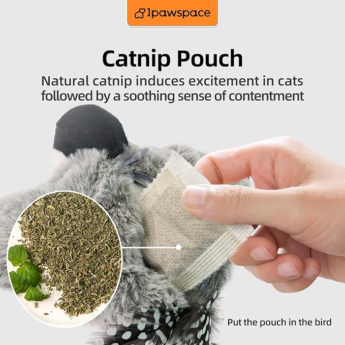 Interactive Flapping Bird Cat Toy with Catnip, Touch Activated Rechargeable, Musical Sound (can Turn Off), Satisfy Cat's Natural Huting Instinct, Soft Plush Washable Cover (Blue)