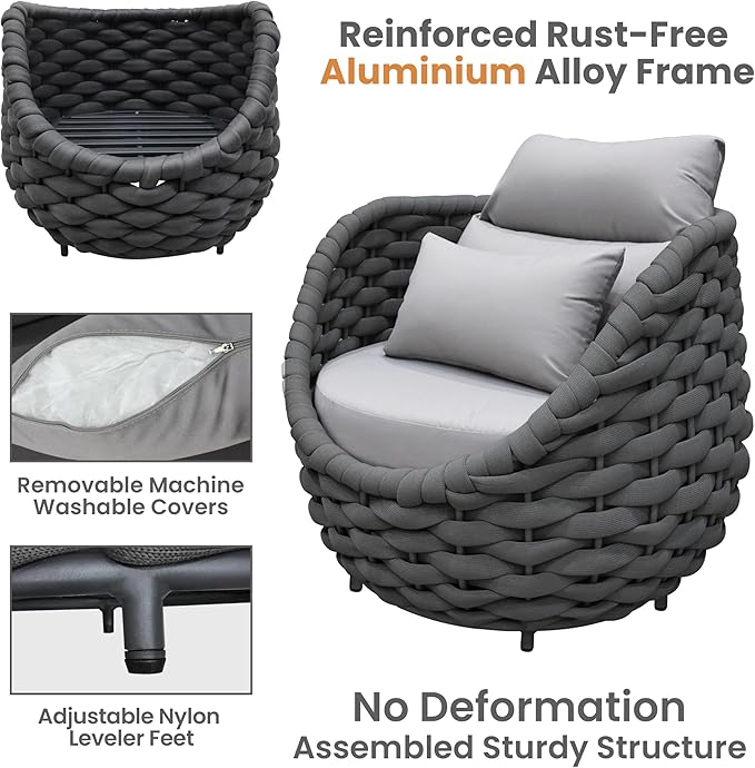 Erotr 4 Pieces Courtyard Seating Set: Aluminum Woven Rope Patio Furniture Chair Set - All Weather Metal Outdoor Conversation Set - Assembled Armchair w/Table for Bistro Deck Porch Balcony Apartment