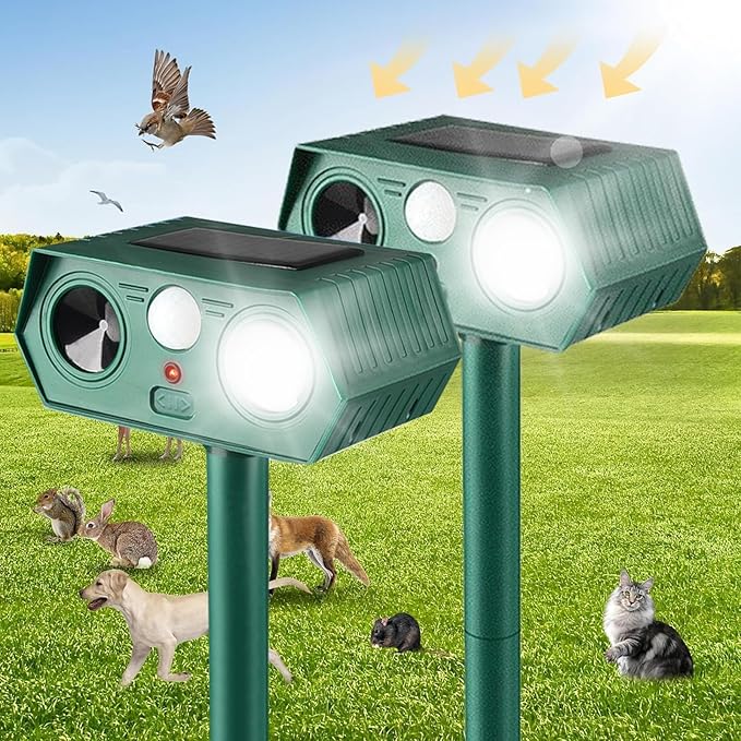 2025 Solar Animal Repellent,Upgraded Ultrasonic Cat Repellent Outdoor,Waterproof Deer Deterrent for Bird Dog Skunk,Squirrels Deterrent with Motion Detection Flash Lights for Pasture House (2 Pack)