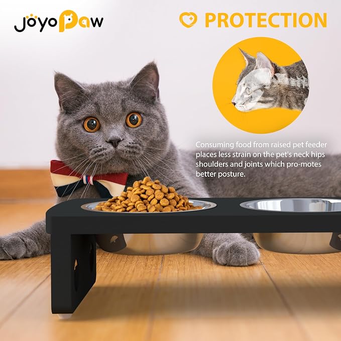 Elevated Dog Bowls, Bamboo Raised Dog Bowl for Small Dogs & Cats, with 2 Stainless Steel Bowls (4'' Tall-20oz Bowl, Black)