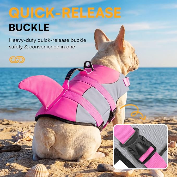 Dog Life Jacket Ripstop Shark Dog Safety Vest Adjustable Preserver with High Buoyancy and Durable Rescue Handle for Small,Medium,Large Dogs, Pink Shark XX-Large