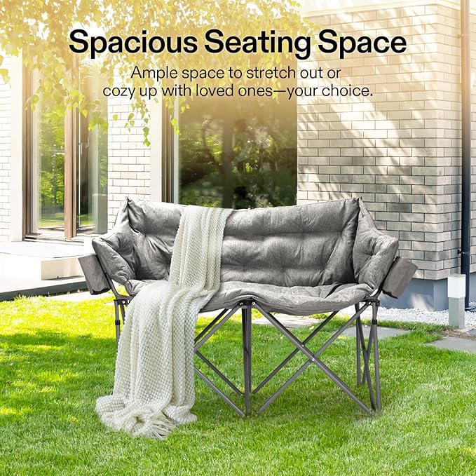 VIVOSUN Double Camping Chair, Fully Padded Folding Loveseat, Oversized Duo Chair with Cup & Wine Glass Holders, Pocket, Armrests & Carry Bag