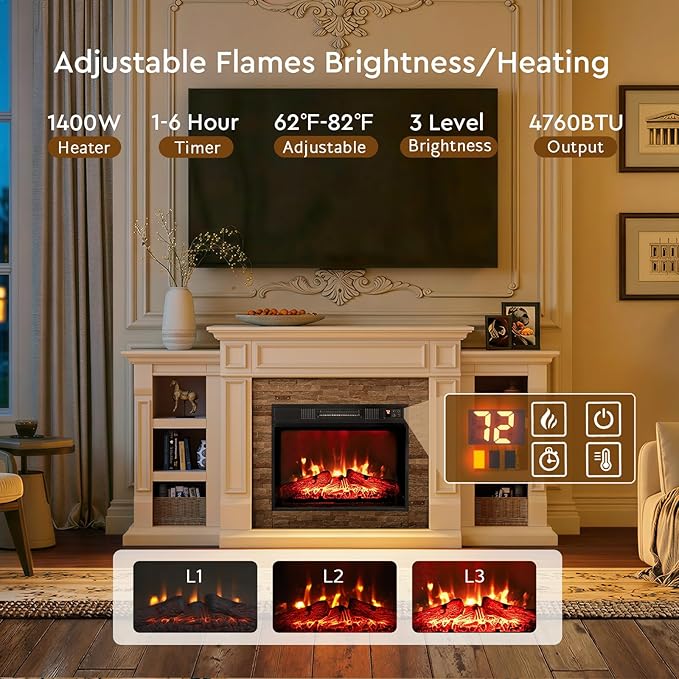 72" Electric Fireplace with Mantel, Fireplace TV Stand
