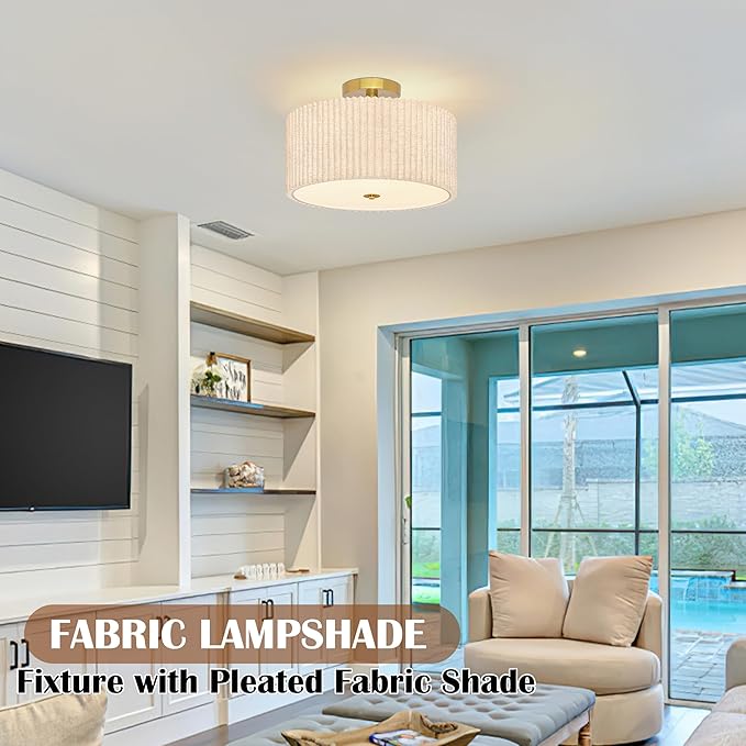 3-Light Semi Flush Mount Lights Fixture Drum Ceiling Light with Pleated Fabric Shade Gold Semi Flush Mount Ceiling Lights 15.7 Inch Close to Light Fixtures for Living Room Hallway