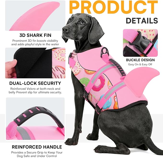 Dog Life Jacket, Dog Life Vest for Swimming, Doggie Shark Swimming Vest with Rescue Handle, Adjustable Reflective Pet Lifesaver Preserver for Small Dogs, Pink Donut S