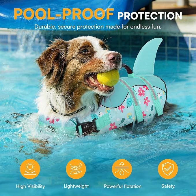 Dog Life Jacket, Dog Life Vest for Swimming, High Buoyancy Shark Swimming Safety Vest for Large Dogs, Reflective Pet Lifesaver Preserver with Rescue Handle, Blue Flower XL