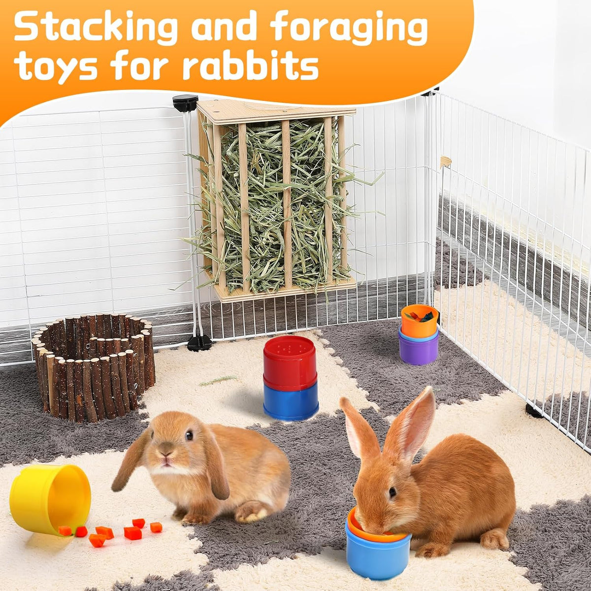 MEWTOGO 8 Pcs Stacking Cups for Rabbits - Safe Reusable Bunny Toys in Different Sizes, Durable Rainbow Colored Nesting Toys for Small Animals, Bunny Hiding Food Playing Gifts
