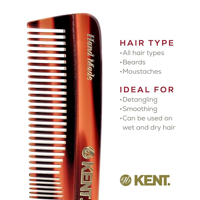 Kent R7T Fine and Wide Tooth Hair Comb, Handmade Pocket Comb for Men, Beard and Mustache Combs for Everyday Grooming and Styling, Sawcut Kent Combs, Made in England
