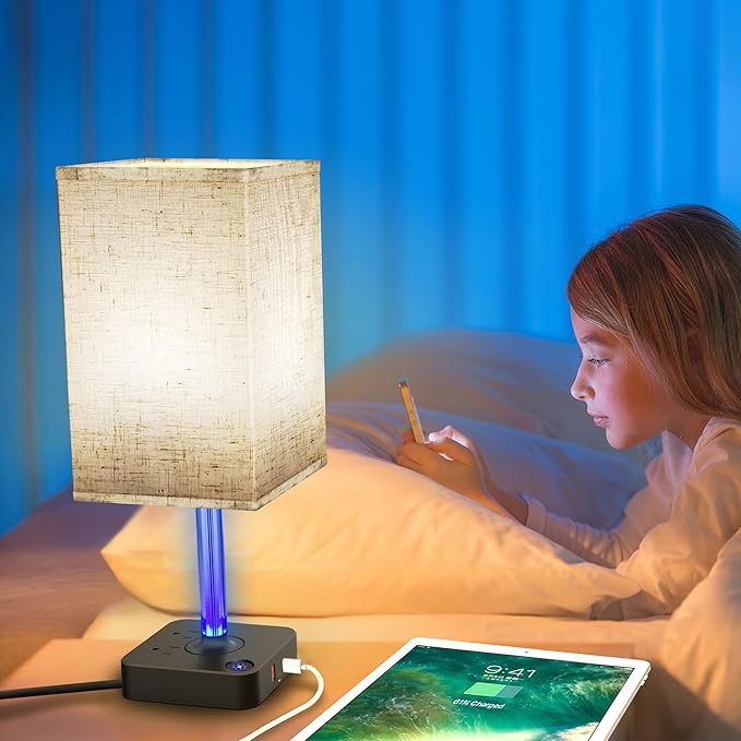 COZOO 3 Way Dimmable Touch Bedside Table Lamp with 3 USB Charging Ports 2 Outlets Power Strip,Black Charger Base White Fabric Shade,LED Desk Night Light for Bedroom/Nightstand/Living Room/College Dorm