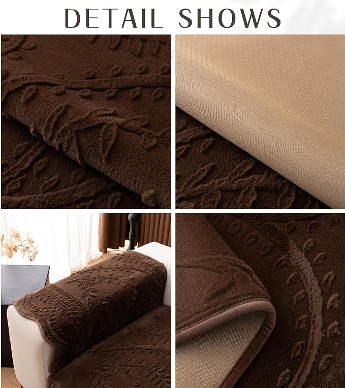Fuzzy Rabbit Plush Sofa Cover Cozy Warm Sofa Couch Covers with 3D Jacquard Leaf Pattern Non-Slip Easy-to-Install Shaggy Sofa Slipcover Prefect for Kids Dogs Cats Cats(Caramel,36"x47")