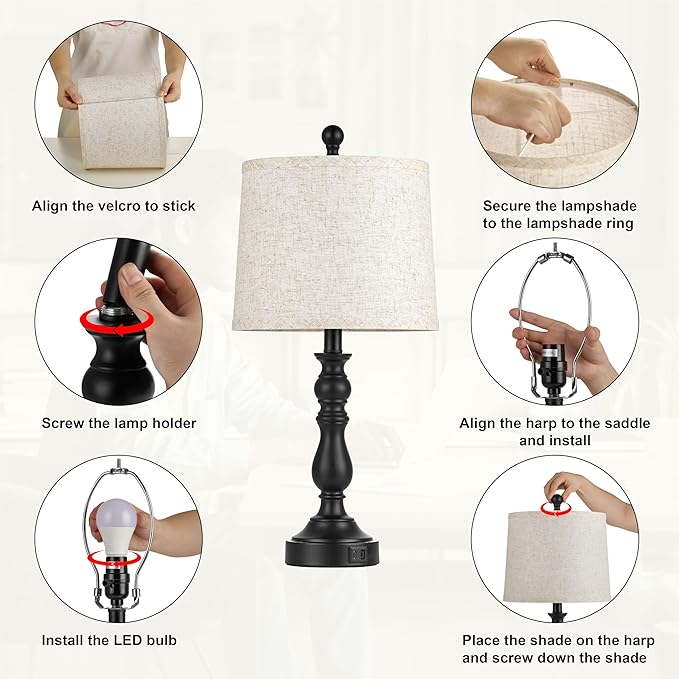 23'' Farmhouse Table Lamps for Living Room Set of 2 with USB C+A Ports, Retro Bedside Lamp for Bedroom, Office, Dining Room, Knob Switch, 3 Color Temperatures, Bulb Included, Black