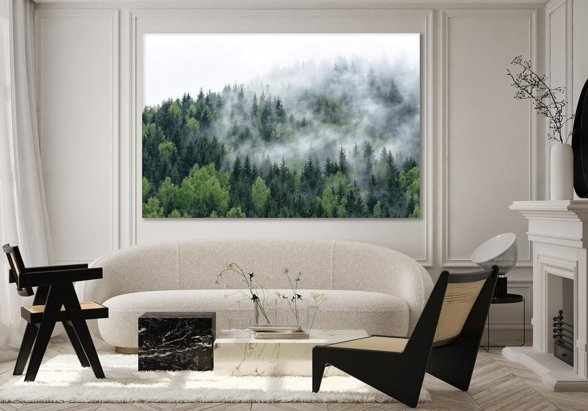 Nature Wall Art Prints - Ocean Forest Mountain Lake Canvas Landscapes - Small to Extra Large Living Room Bedroom Kitchen Bathroom Décor (Pine Trees in Fog, 28L" x 41W")