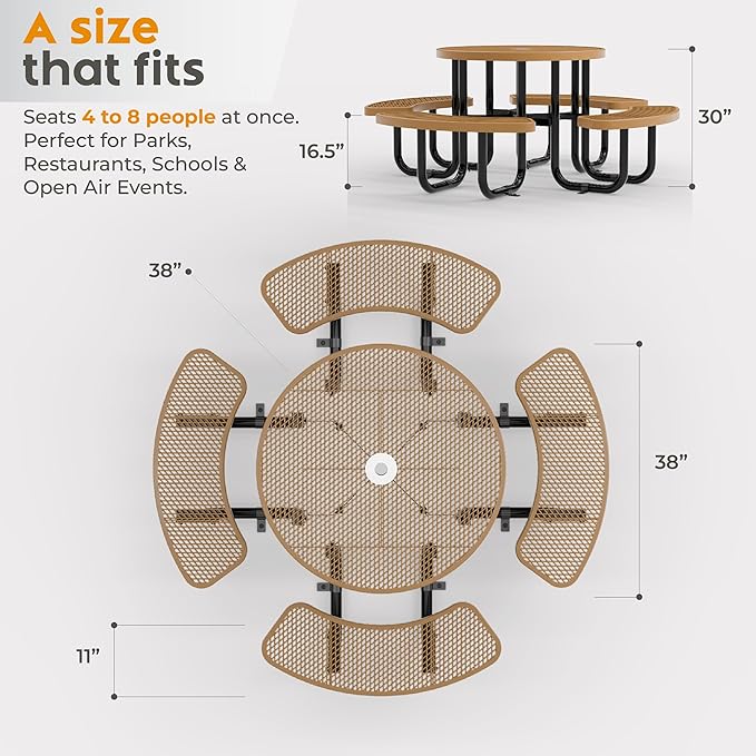 Metal Picnic Tables for Outdoors with Umbrella Hole - Coated Steel Heavy Duty Commercial Grade Furniture Set with Adjustable Seats (Brown, 38 in, Round, Expanded Steel)