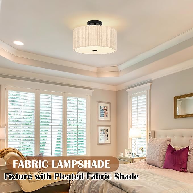 3-Light Semi Flush Mount Ceiling Lights Fixture 15.7 Inch Drum Light Fixture Drum Ceiling Lights with Pleated Fabric Shade Black Close to Light Fixtures for Hallway Living Room