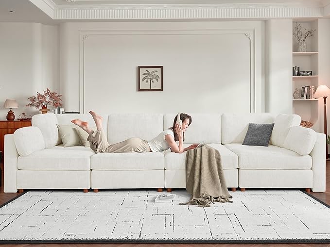 CUGOAO 153.4'' Modular Sectional Sofa, Oversized, Sectional Couch, Deep Seat Chenille Cloud Couch Sofa, Removable Cover, Mordern Upholstered Couches for Living Room, Apartment, Office, Beige