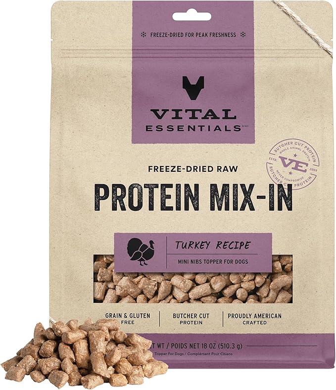 Vital Essentials Freeze Dried Raw Protein Mix-in Dog Food Topper, Turkey Mini Nibs Topper for Dogs, 18 oz