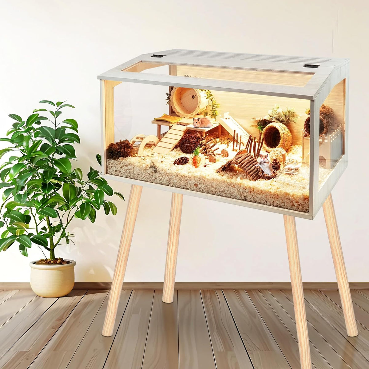 Prolee Hamster Cage Wooden Chew Proof, Extra Large Mice and Rat Habitat Openable Top with Acrylic Sheets Solid Built Small Animal Cage with Leg Stands, 40 Inch Long