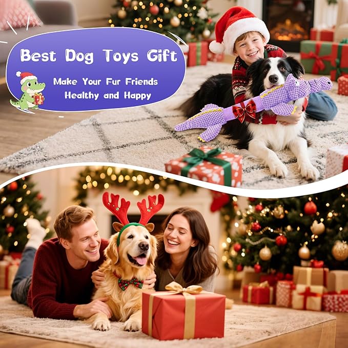 Interactive Tug of War Dog Toys for Small to Large Breeds-Squeaky Plush Puppy Toys with Crinkle Paper, Stuffed Chew Dog Toys to Keep Them Busy, Training Reward Gift (Purple)