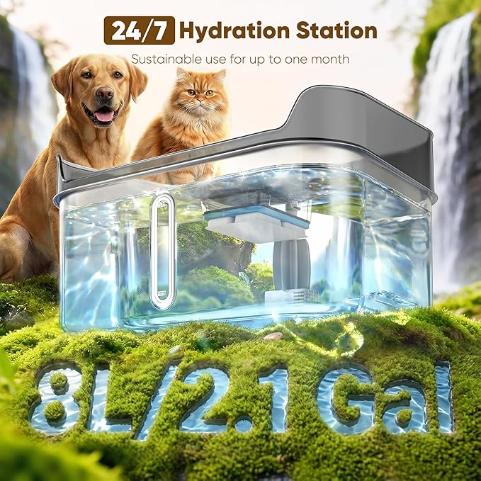 Large Stainless Steel Dog Water Fountain no Spill, 2.1Gal/8L with 8 Filters | Automatic Dog Water Bowl Dispenser, Super Quiet Cat Fountain, Dog Bowl to Drinkg Inside, Gifts for Pets