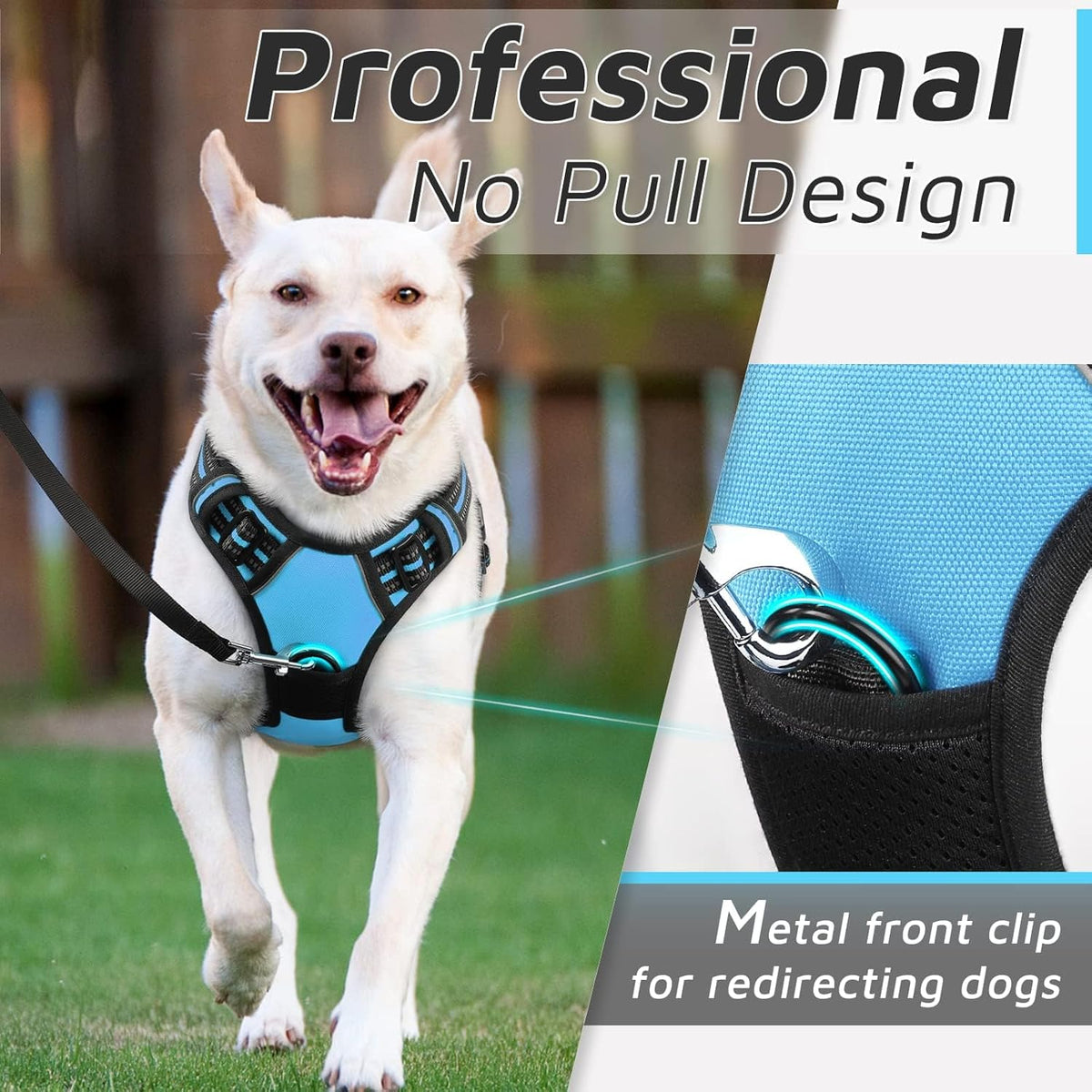 Eagloo Dog Harness Medium Sized Dog, No Pull Service Vest with Reflective Strips and Control Handle, Adjustable and Comfortable for Easy Walking, No Choke Pet Harness with 2 Metal Rings, Sky Blue, M