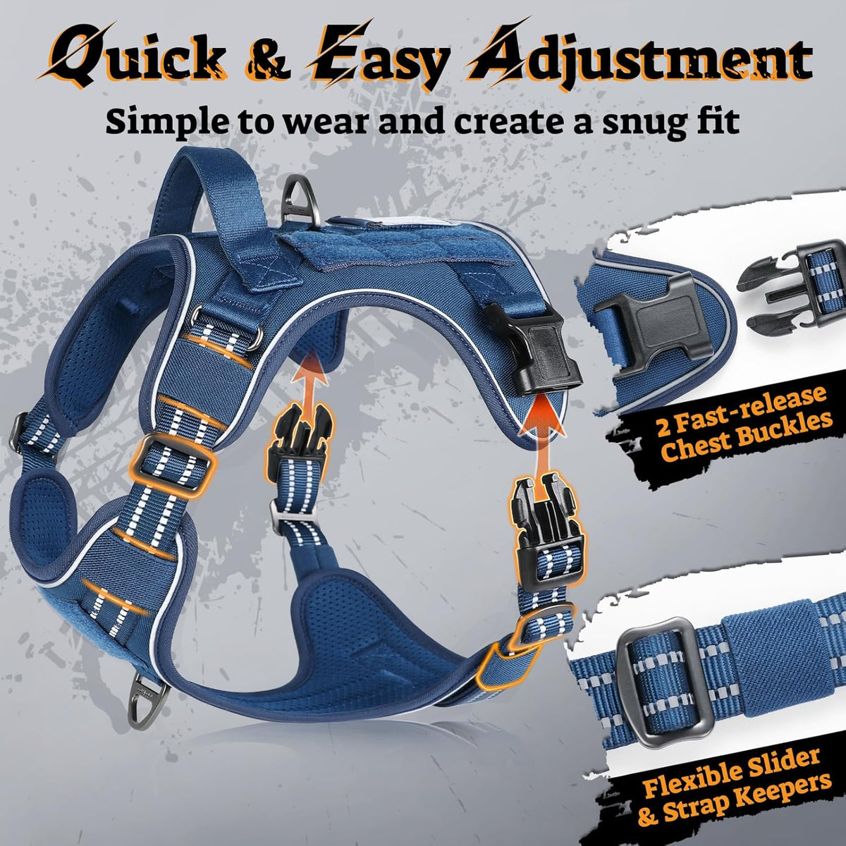 rabbitgoo Dog Harness Medium Sized No Pull, Tactical Service Pet Vest with Molle and Control Handle, Adjustable and Reflective Military Harness for Easy Walking and Training, Blue, M