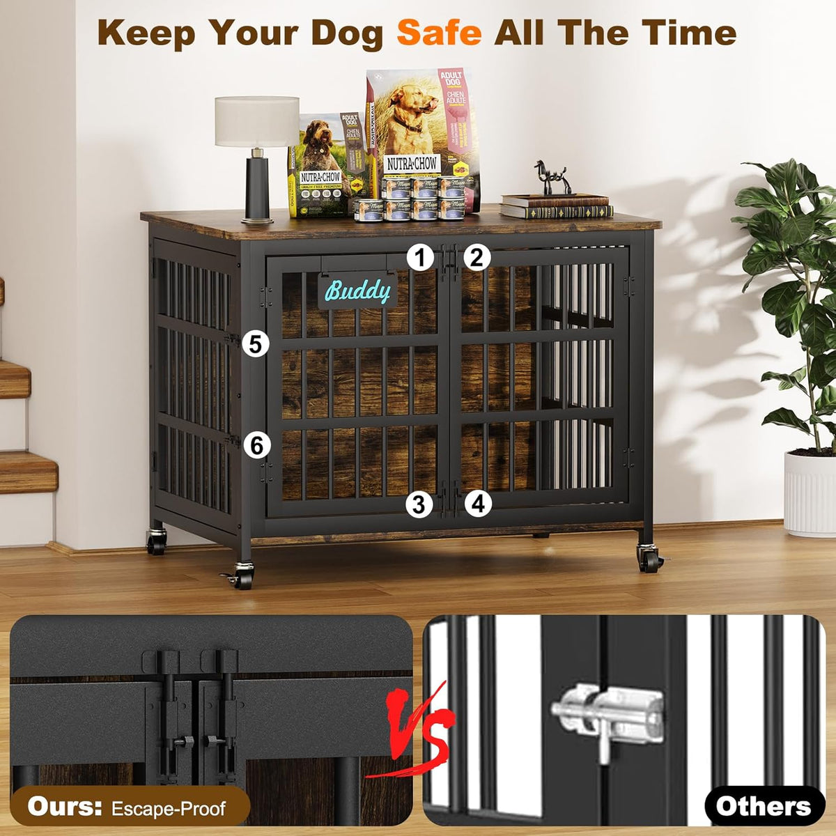EasyCom 41"/33"/27" Dog Crate Furniture with Name Tag, Heavy Duty Dog Kennel Indoor for Medium Dogs, Double-Doors Sturdy Metal Dog Cage for Anxiety Dog, Decorate House as TV Stand, End Table