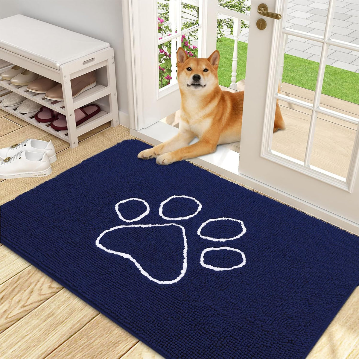 OLANLY Door Mat for Muddy Dog Paws 48x30, Ultra Absorbent Chenille Mud Doormat with Paw Print Design, Non-Slip Washable Doormat for Indoor Entryway, Quick-Dry Pet Bed Mats for Dirty Dogs, Navy Blue