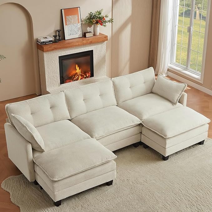 Amsleekey Modular Sectional Sofa, 111.5" U-Shaped Corduroy Comfy Sectional Couches for Living Room, 3-Seater Cloud Couches with 2 Movable Ottomans, Flexible Combination Modern Deep Seat Sofa (Beige)